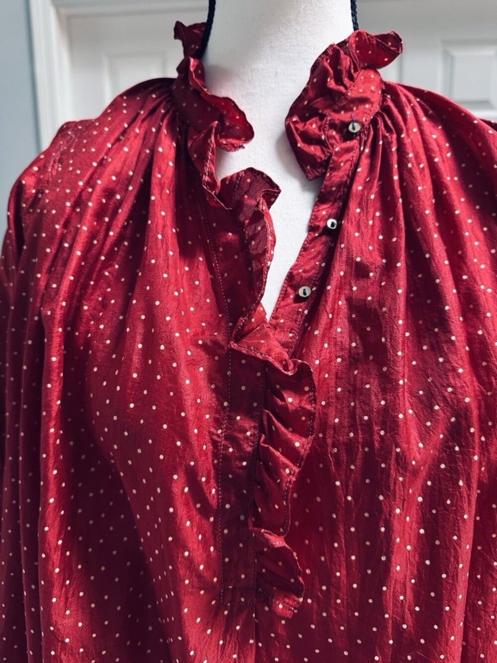 INJIRI FW22-82 Ladies Silk Blouse Red Small Hand Woven Oversized Boho Tunic NWT - Picture 12 of 14